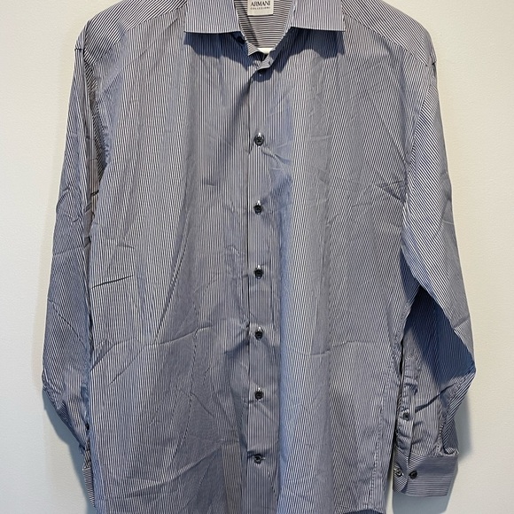 Armani Collezioni Thin Stripe Mens Button-Up Dress Shirt Navy White Light Blue - Picture 1 of 4